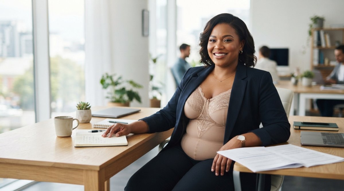 A plus-size woman in her 30s wearing a neutral-toned lace bodysuit under a fitted blazer, smiling confidently in a bright modern office setting with natural window light