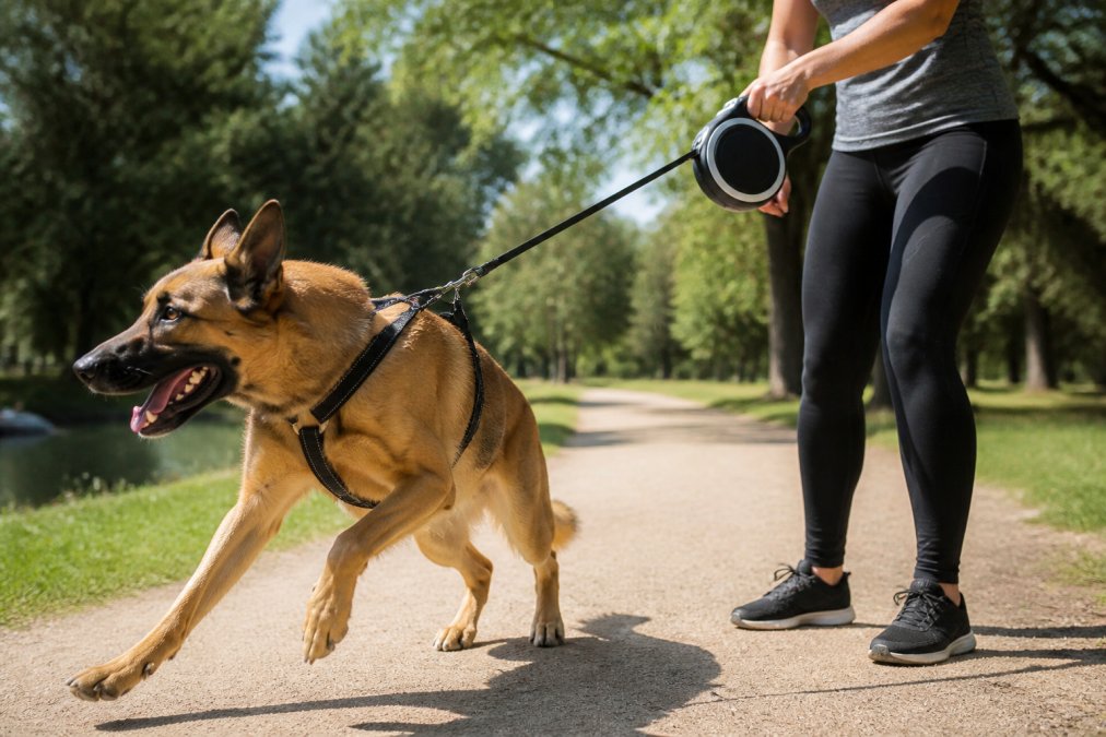 A large dog pulling forward on a leash while a person wearing a no-pull harness demonstrates controlled positioning during a walk on a park trail with natural sunlight