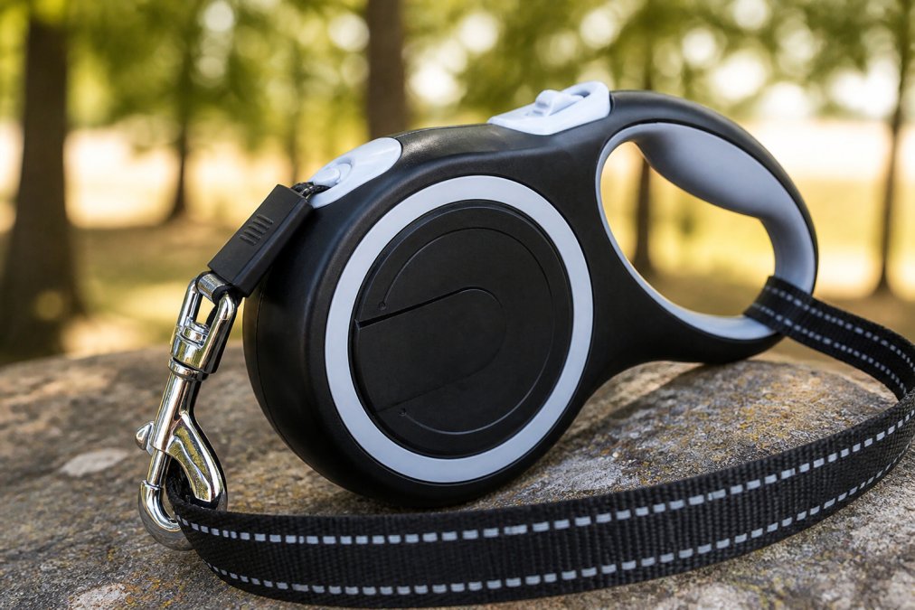 Close-up of a dog leash showing a stainless steel carabiner, padded handle grip, reflective stitching details, and heavy-duty nylon webbing in natural daylight
