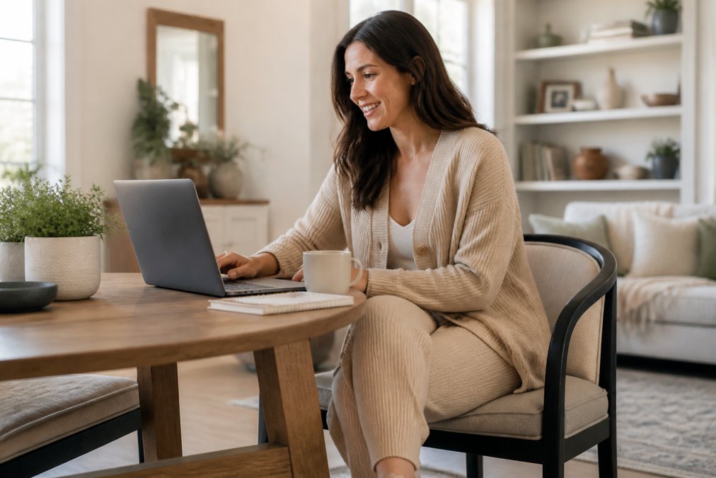 A woman in a structured knit cardigan and matching joggers sitting at a home desk, smiling at her laptop screen with a bright, tidy room behind her