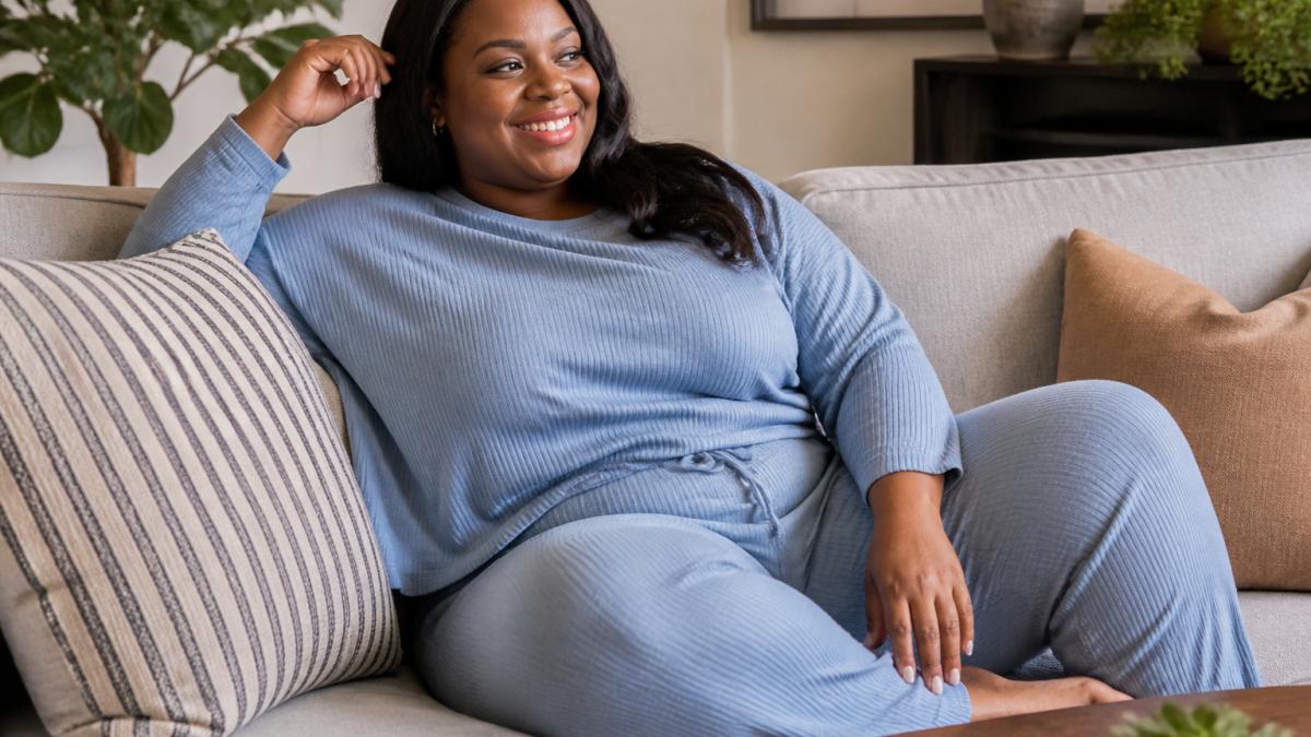 A woman wearing a comfortable two-piece lounge set, smiling and relaxing on a couch in a bright living room, showing a relaxed and flattering fit