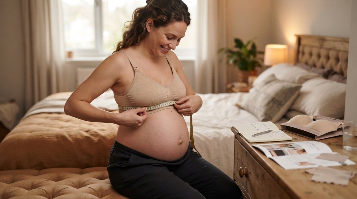 A pregnant woman in a soft-lit bedroom holding a fabric measuring tape gently around her ribcage, wearing a wire-free maternity bra, looking relaxed and confident