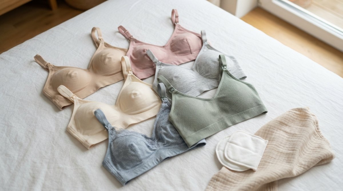 A flat-lay arrangement of several nursing bras in neutral tones and soft pastels on a white linen surface, with a small folded nursing pad and a piece of soft cotton fabric nearby, photographed in natural daylight
