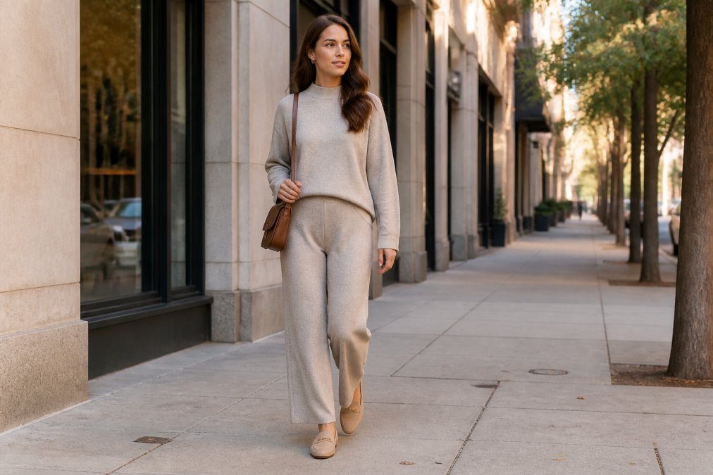 Woman wearing a relaxed knit two-piece set and suede loafers walking through a bright city street with a crossbody bag