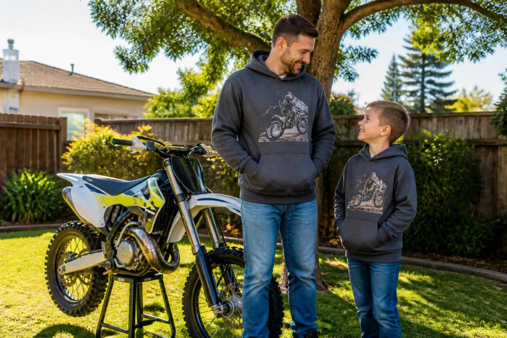 A father and his young child standing next to a dirt bike in a sunny backyard, both wearing matching motocross-themed hoodies and relaxed jeans, smiling and talking