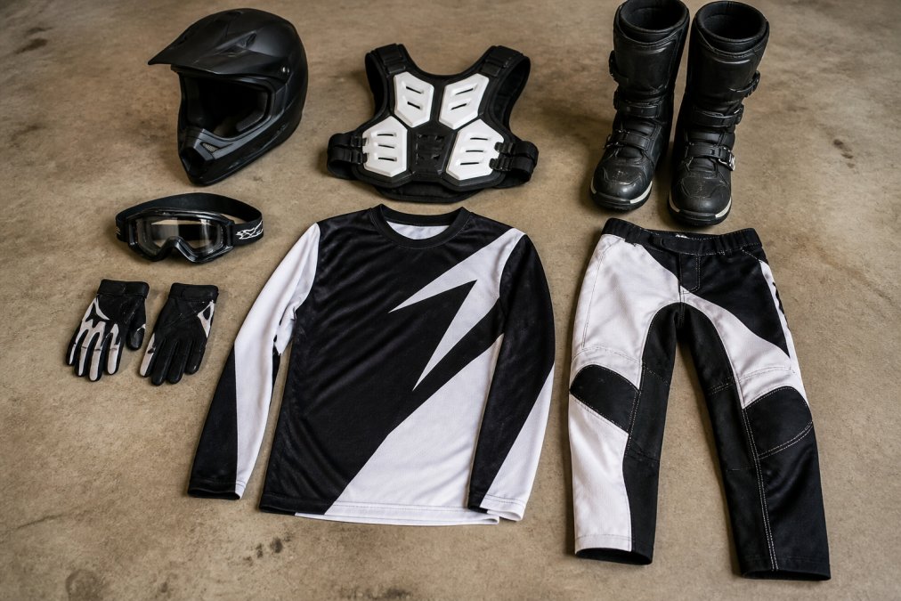 A full motocross gear setup laid out flat on a clean garage floor: full-face helmet, chest protector, gloves, tall boots, goggles, jersey, and pants arranged neatly side by side under bright overhead lighting