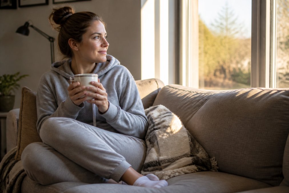 A nurse in comfortable casual athleisure clothing, soft gray joggers and a cozy hoodie, sitting on a couch at home holding a warm beverage, with natural afternoon sunlight coming through a window, looking genuinely relaxed