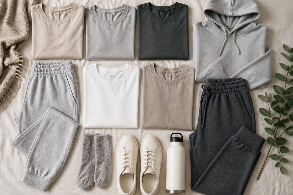 A flat lay of coordinated casual clothing pieces arranged neatly on a light background, including soft t-shirts in neutral colors, a comfortable hoodie, joggers, and soft accessories, showing a cohesive capsule wardrobe
