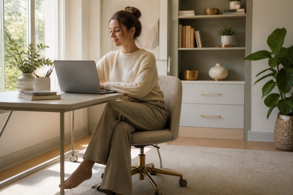 A woman sitting at a clean home desk, wearing wide-leg trousers and a soft crewneck sweater, looking relaxed and polished with a laptop open in front of her, warm natural light coming through a window to the left