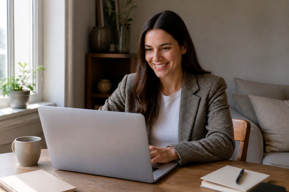 A woman on a video call at home, wearing a structured knit blazer over a simple top, looking professional and comfortable with natural light from a nearby window illuminating her face and workspace
