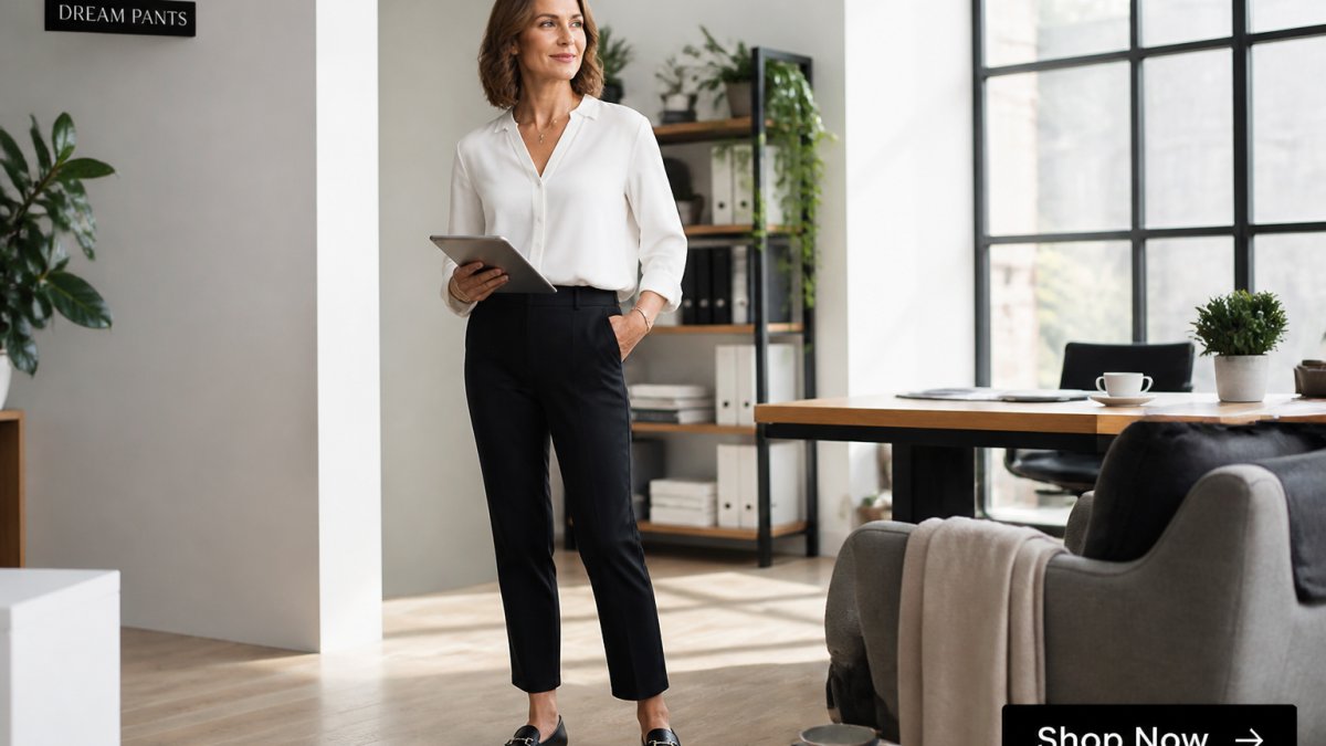 Professional woman in her forties wearing tailored ankle-length pants and a blouse while holding a tablet in an office