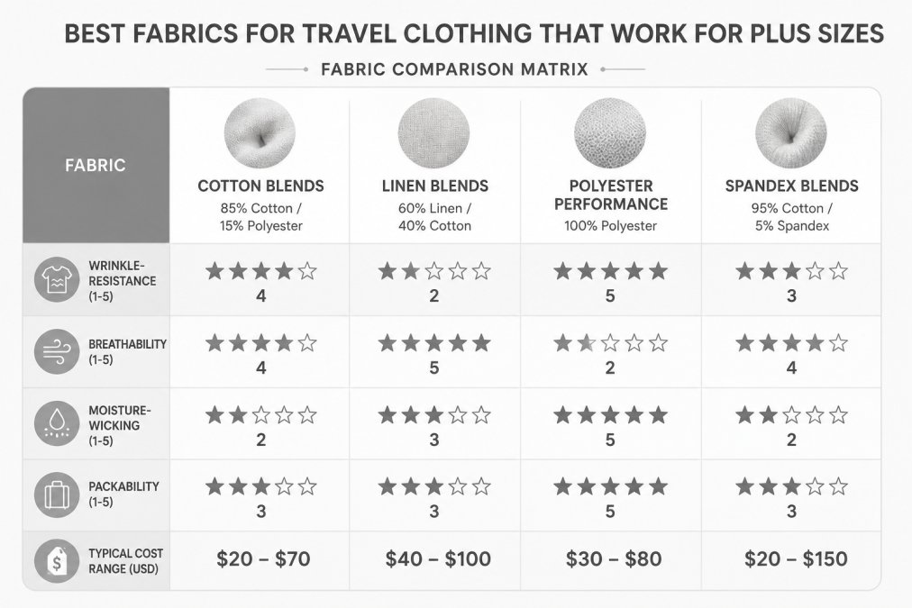 Visual comparison chart showing Fabric for comfortable plus size clothes for travel