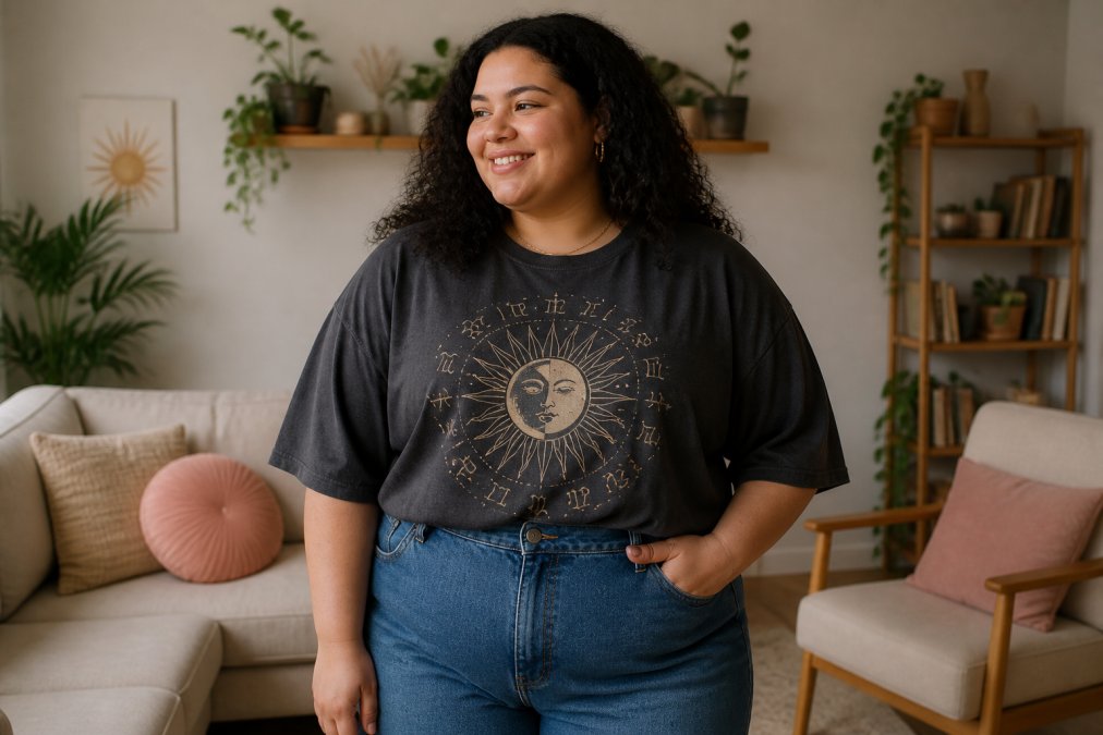A confident plus size woman with curly hair smiling while wearing a soft, oversized zodiac graphic tee and high-waisted jeans, standing in a bright, casual living room setting