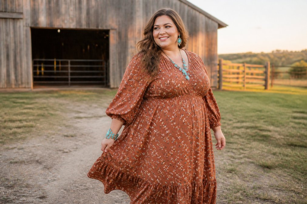 Smiling woman in a flowy dress and turquoise jewelry modeling plus size western wear by a rustic barn
