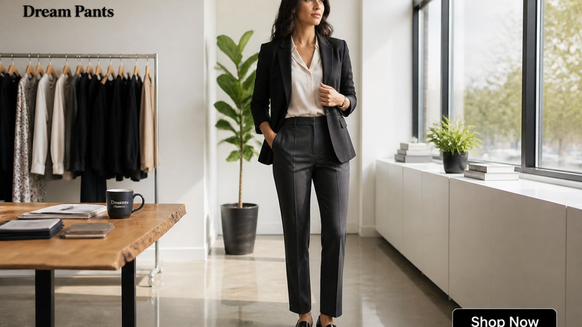 Professional woman wearing tailored dress pants with a structured blazer and pointed-toe loafers, standing confidently in a bright modern office with natural window lighting