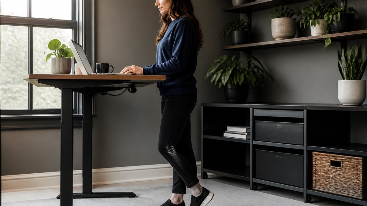 Professional woman standing at office desk wearing comfortable work shoes, demonstrating proper posture with visible shoe support structure and cushioning visible from side angle