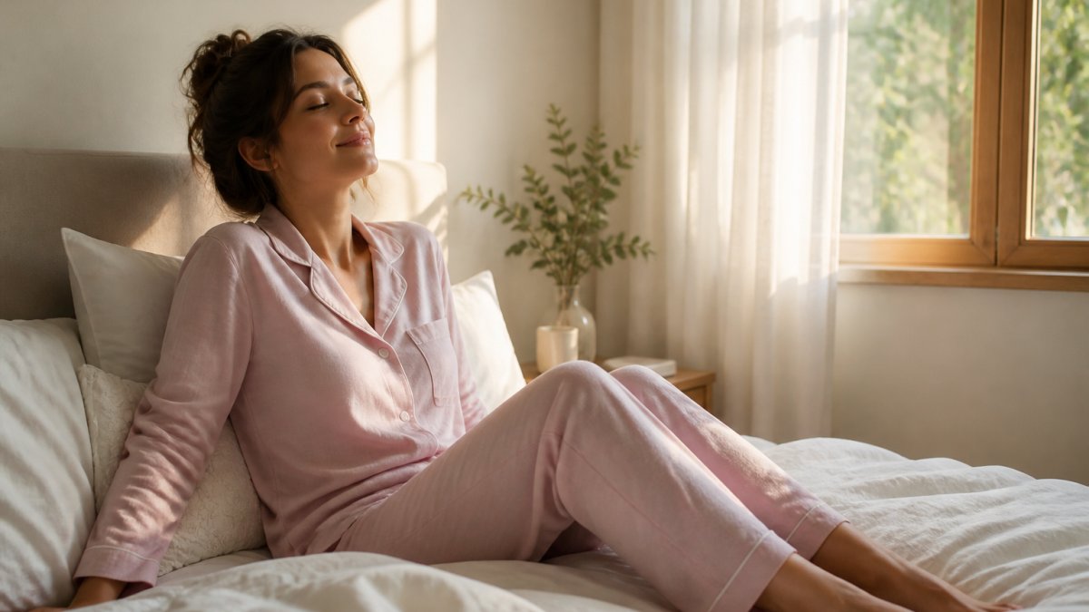 Woman relaxing peacefully in bed wearing soft pyjamas, morning light streaming through a window, serene expression