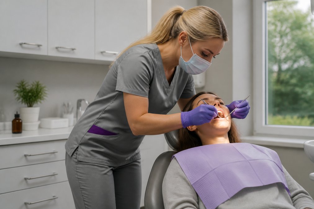 Dental hygienist in ergonomic scrubs leaning over patient chair at proper angle, demonstrating how well-fitted scrubs allow comfortable reaching and bending without fabric bunching or restricting movement, with natural clinical lighting
