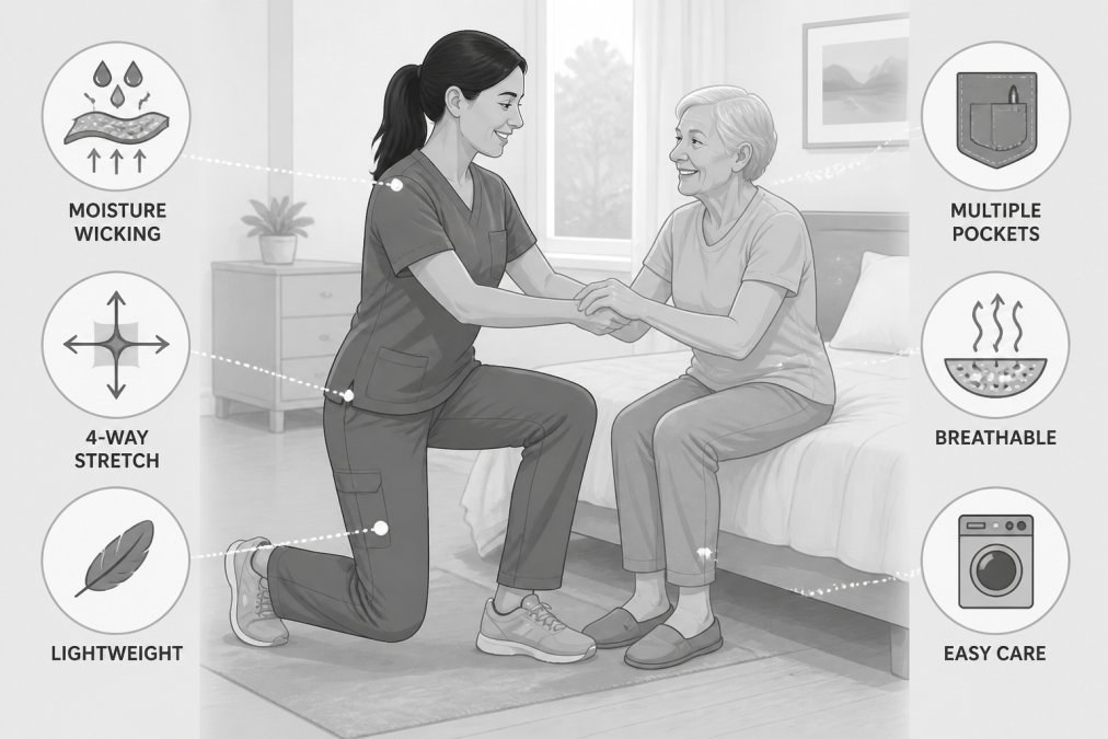 Home health aide in moisture-wicking scrubs bending to assist an elderly patient with mobility exercises, showing comfort and ease of movement in a residential bedroom with natural window lighting