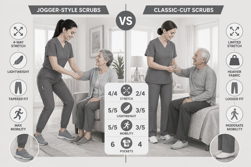 Home health aide in modern jogger-style scrubs performing patient care next to another aide in classic-cut scrubs, showing the contrast in fit and movement during active home care work in a residential setting with natural lighting