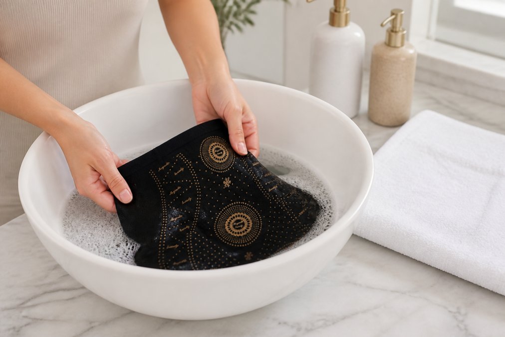 Close-up of a woman's hands gently hand-washing a piece of black shapewear in a white ceramic basin of cool soapy water, a clean white towel laid flat on a marble countertop beside it, soft bathroom lighting