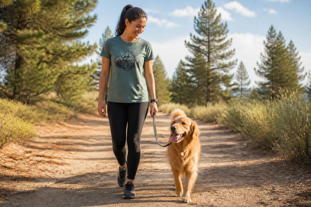 Woman wearing comfortable shirts for dog walking adventures while hiking with her golden retriever on a sunny trail.