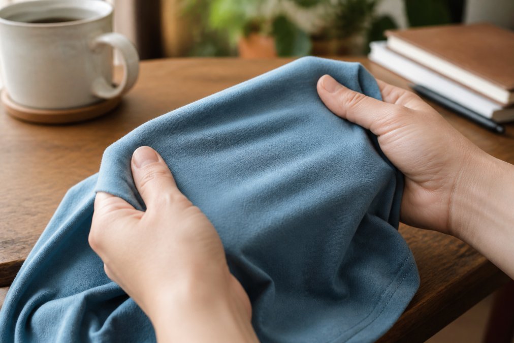 Hands touching the soft cotton fabric of comfortable shirts at a desk with a laptop and coffee mug