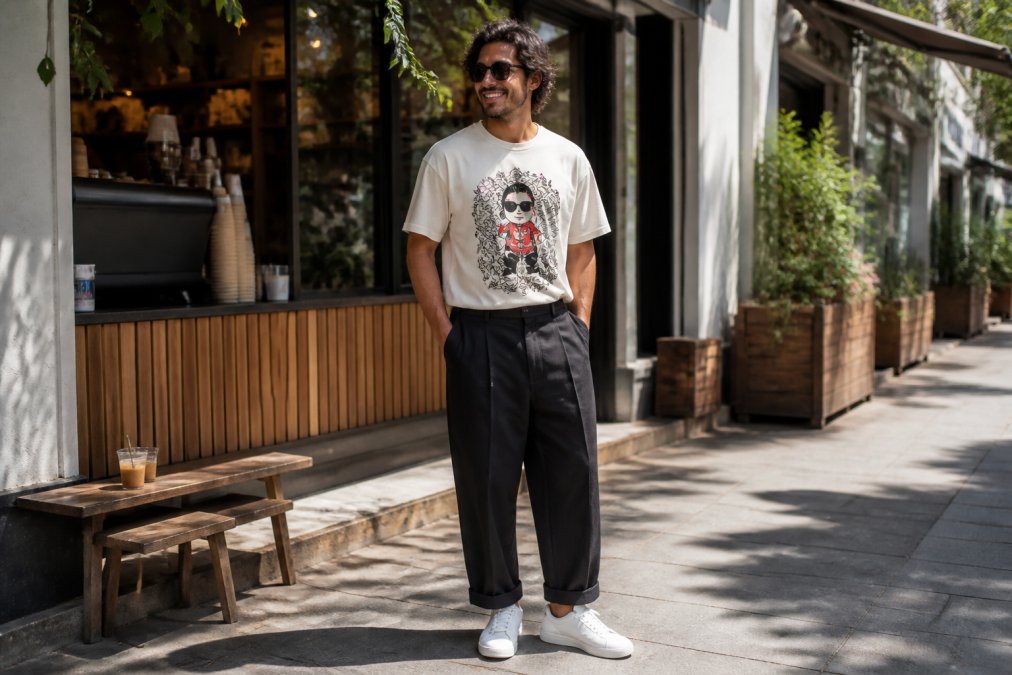 A casually dressed person wearing a bold graphic tee tucked loosely into relaxed-fit dark trousers, paired with white leather trainers, standing on a sunlit pavement outside a coffee shop, looking relaxed and confident with a slight smile