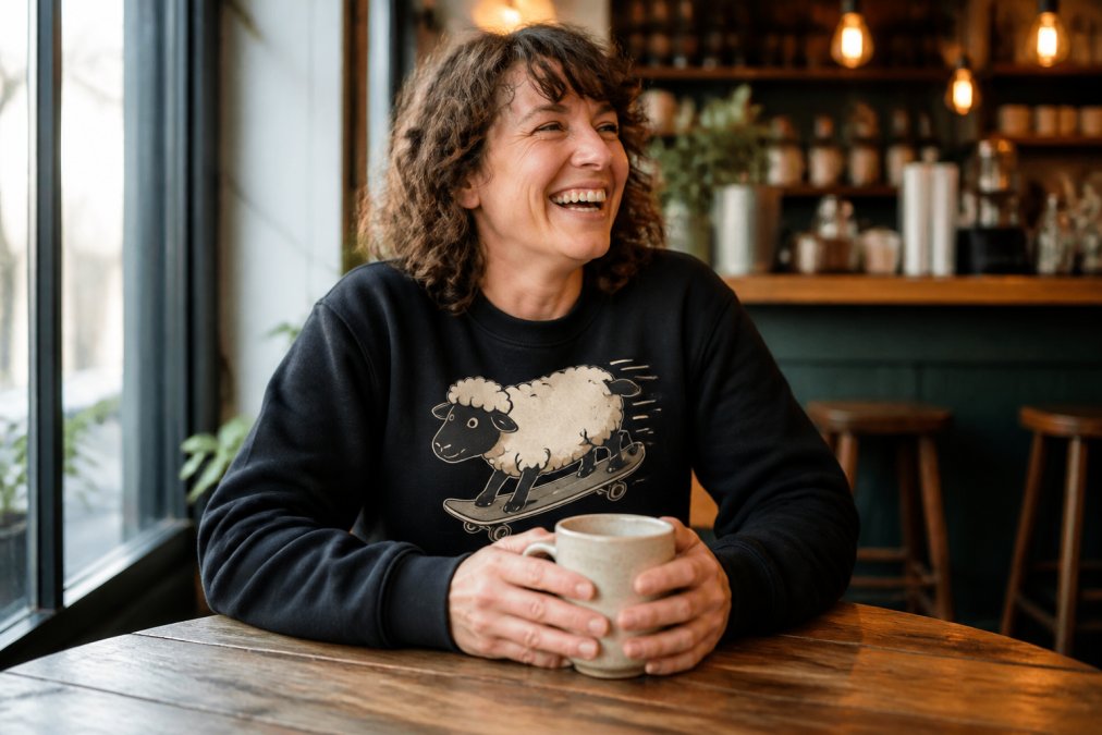 A smiling adult in their mid-thirties wearing a bold, funny graphic sweatshirt, sitting at a wooden table in a warm, cosy coffee shop, holding a large mug with both hands, laughing at something off-camera, natural window light falling across the scene