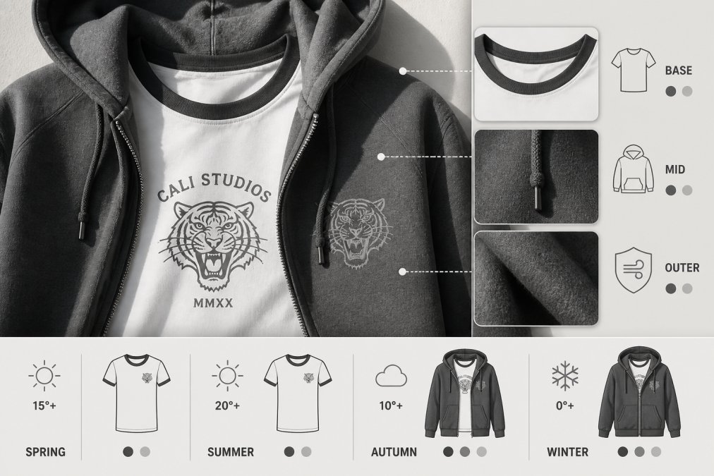 Close-up of layered streetwear pieces including a graphic tee under an open hoodie, showing how different textures and fits work together, with natural sunlight highlighting the fabric details