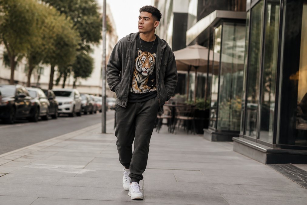 Male model in relaxed-fit 300GSM cotton joggers with tapered ankles, paired with a graphic tiger print tee and an oversized layered jacket, walking through an urban street with modern storefronts and natural lighting