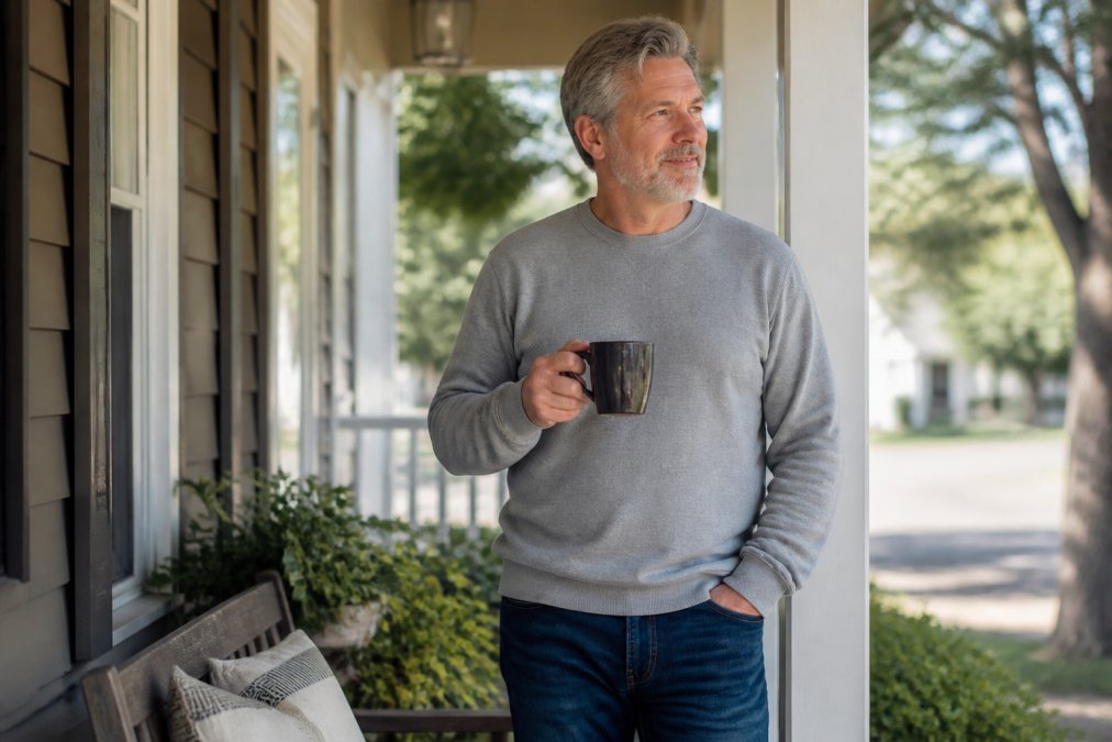 A man in his mid-50s wearing a soft crewneck sweatshirt and well-fitting jeans, standing on a front porch with a coffee mug, natural morning light