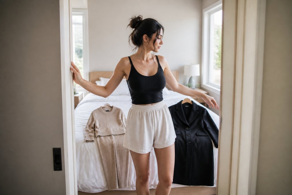 A woman standing in a bright bedroom doorway comparing two outfits laid on the bed behind her, one a soft knit set and one a structured black coat, morning light through the window