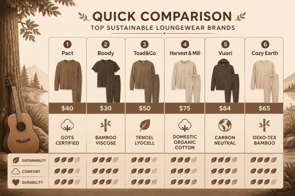 Comparison matrix of six sustainable loungewear brands showing Pact $40 GOTS-certified, Boody $30 bamboo viscose, Toad&Co $50 TENCEL Lyocell, Harvest & Mill $75 domestic organic cotton, Vuori $84 carbon neutral, Cozy Earth $65 OEKO-TEX bamboo