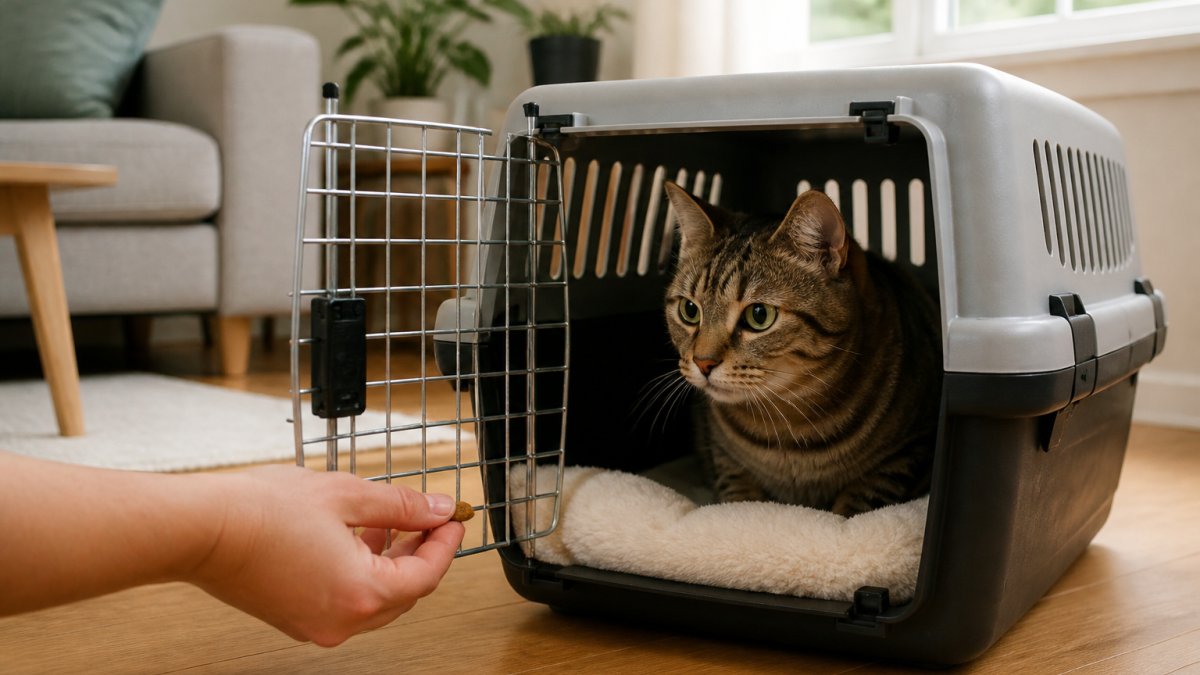 Tabby cat sitting calmly inside an open pet carrier with soft fleece bedding visible, owner's hand gently near the entrance with a treat, home living room in background with natural window light