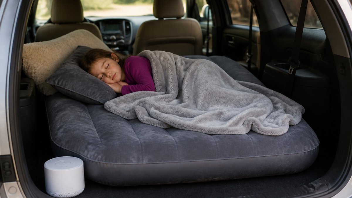 Child sleeping peacefully on an inflatable travel bed in the back of a vehicle with soft pillows and blankets, showing real comfort setup during a road trip
