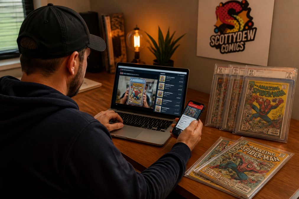 Collector participating in a live auction within the comic book community using a laptop and smartphone interface.