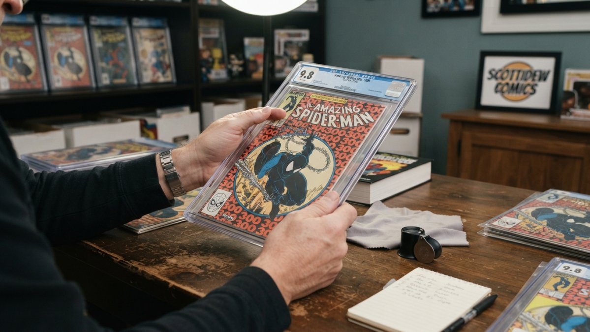 Close-up of hands holding a graded comic book slab, examining the condition grade label and protective case under bright studio lighting