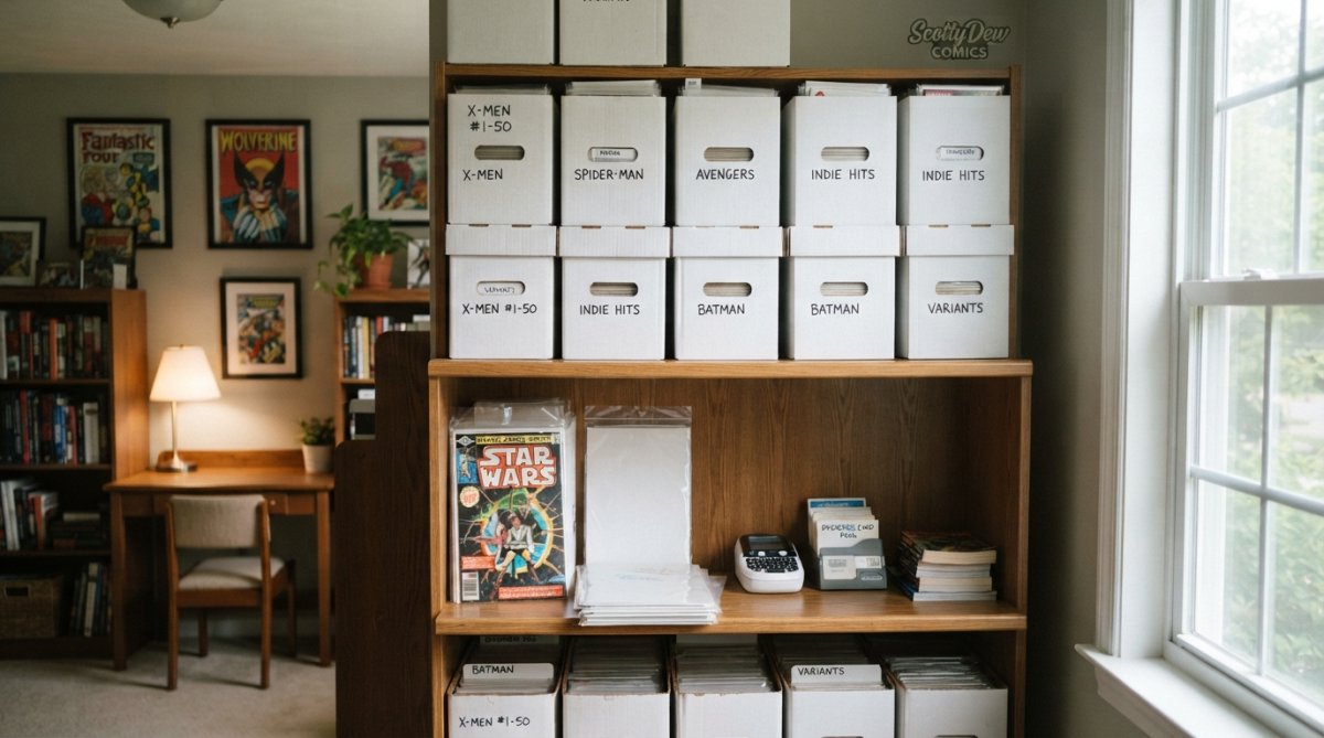 Infographic showing essential supplies for comic collecting for casual readers, featuring organized boxes and bags.
