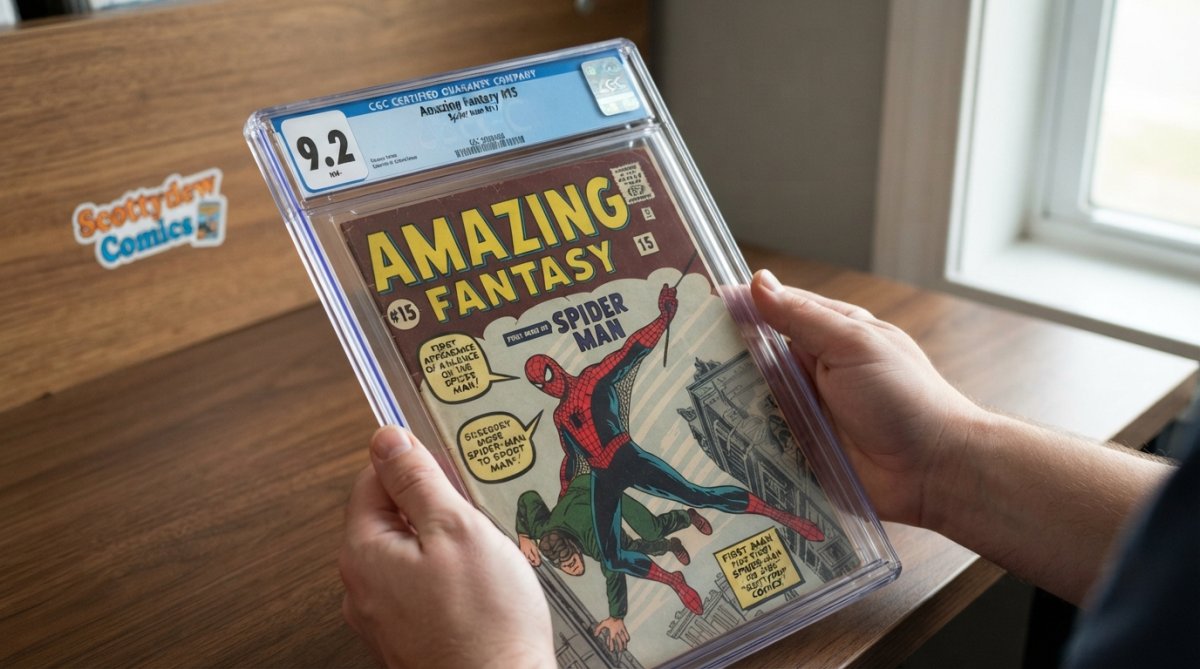 Close-up of hands holding a slabbed comic book with visible CGC or CBCS label showing the protective case and condition label details in professional lighting