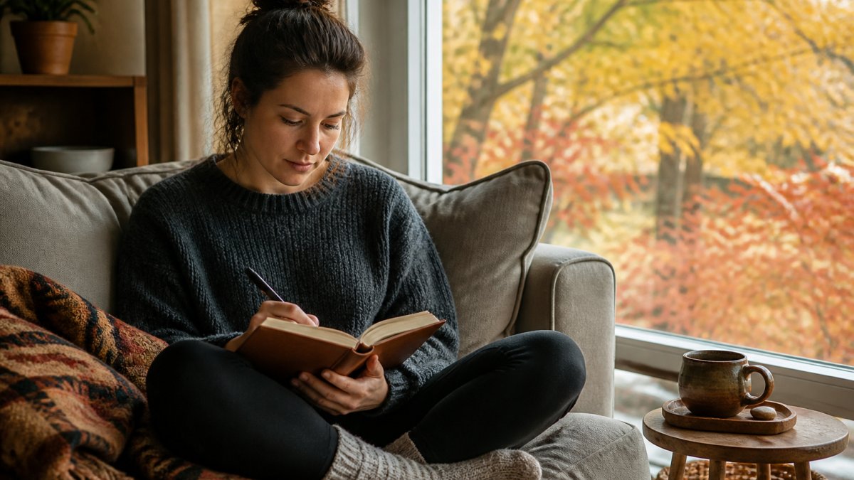 A woman in her thirties sitting cross-legged on a couch by a window with autumn leaves outside, writing in a small faux leather journal with a pen, a mug of tea on the side table, soft afternoon light