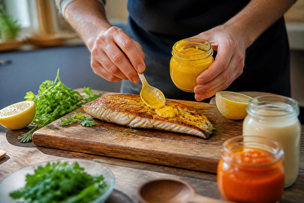 Des mains étalant une pâte de piments jaune vif sur un filet de poisson grillé posé sur une planche en bois, avec des herbes fraîches et des demi-citrons disposés autour, dans une cuisine lumineuse aux tons chauds