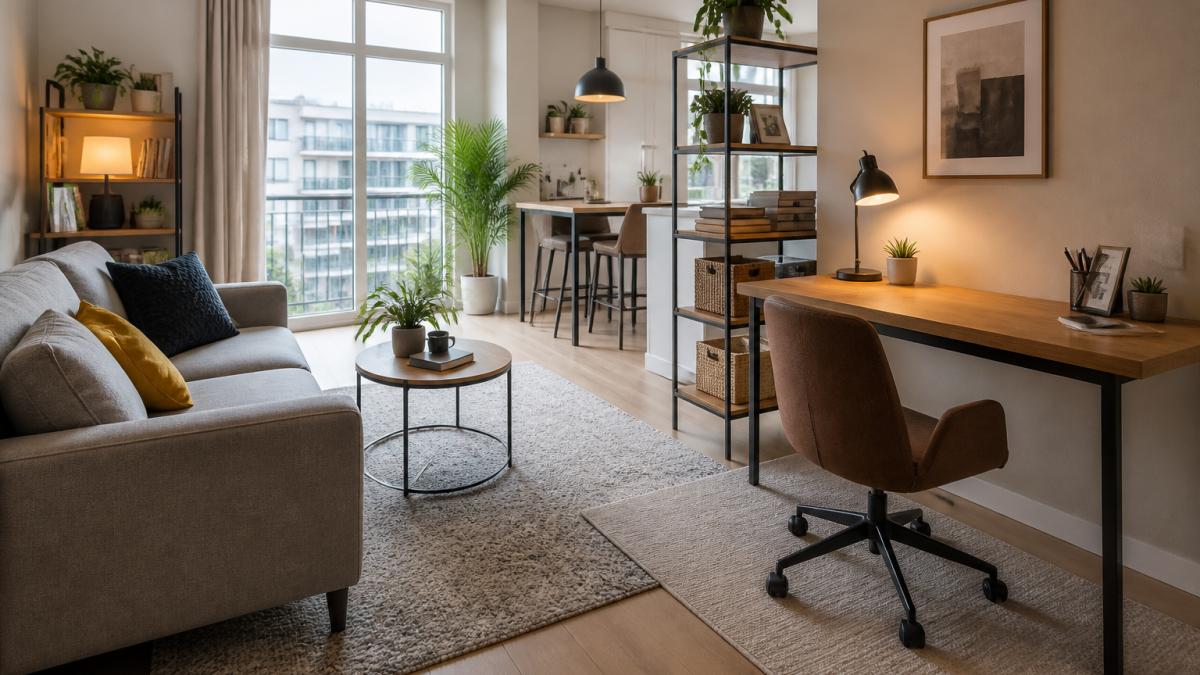 Bright modern small condo with open floor plan showing furniture arrangement that defines separate living and working zones with strategic lighting and area rugs, natural daylight from large windows