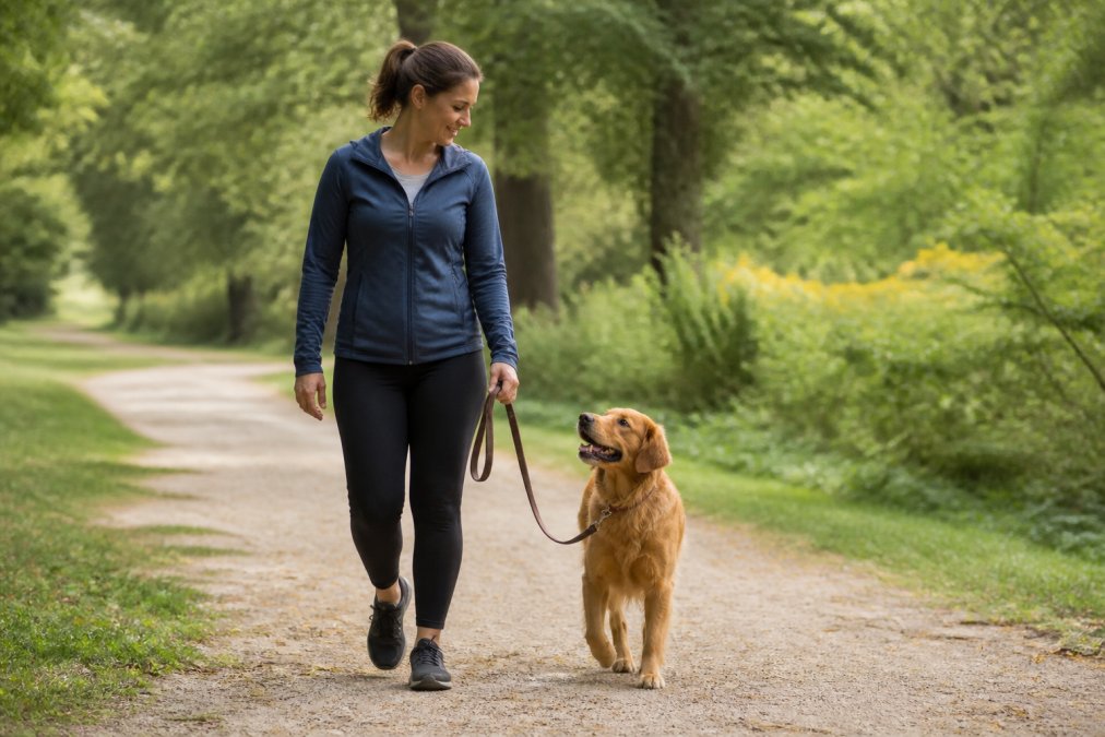 Personne marchant dans un parc avec son chien calme en laisse détendue lors d'une promenade en plein air.