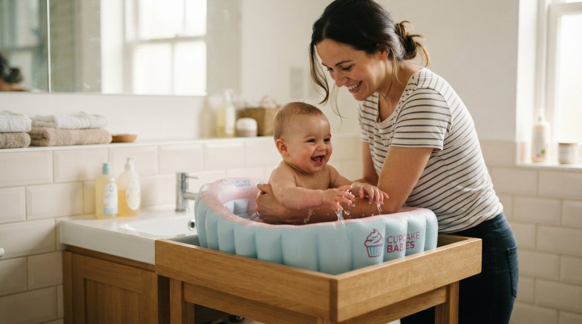 Parent baignant bébé dans une baignoire gonflable compacte positionnée à hauteur de hanche, dos droit, genoux légèrement fléchis, parent souriant en moment de complicité avec son enfant dans une salle de bain bien éclairée