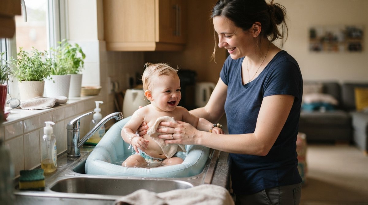Baignoire gonflable pliable positionnée dans un évier standard de cuisine, parent debout à côté dans une posture ergonomique confortable et détendue, mains soutenant délicatement le bébé, moment de complicité parent-enfant