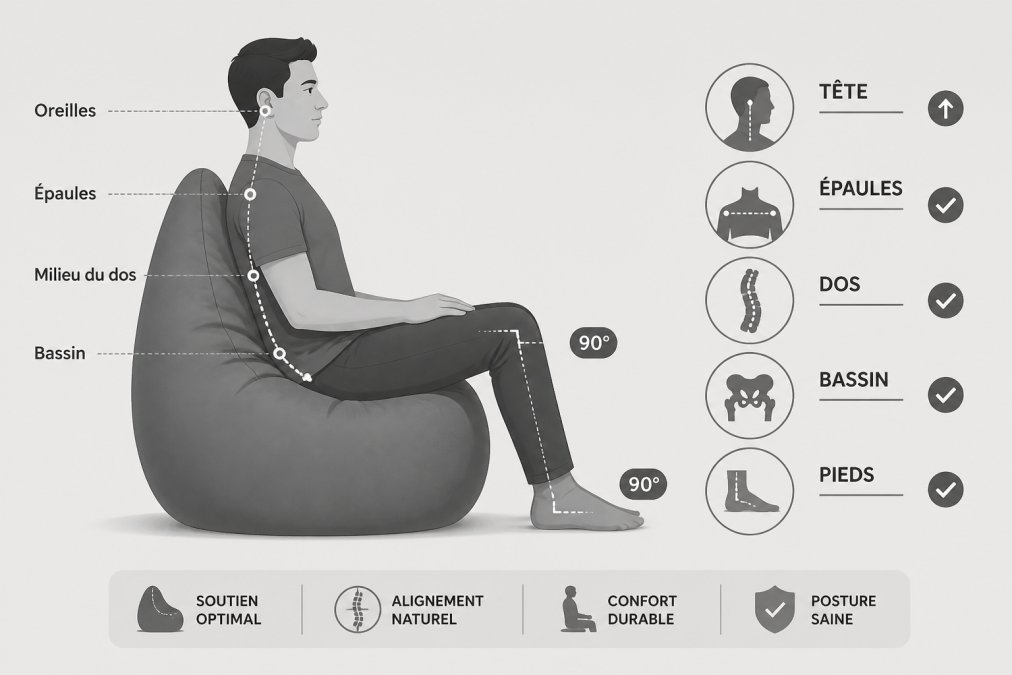 Personne assise sur un pouf ergonomique démontrant un alignement correct de la colonne vertébrale avec des épaules détendues et un buste droit, vue de profil