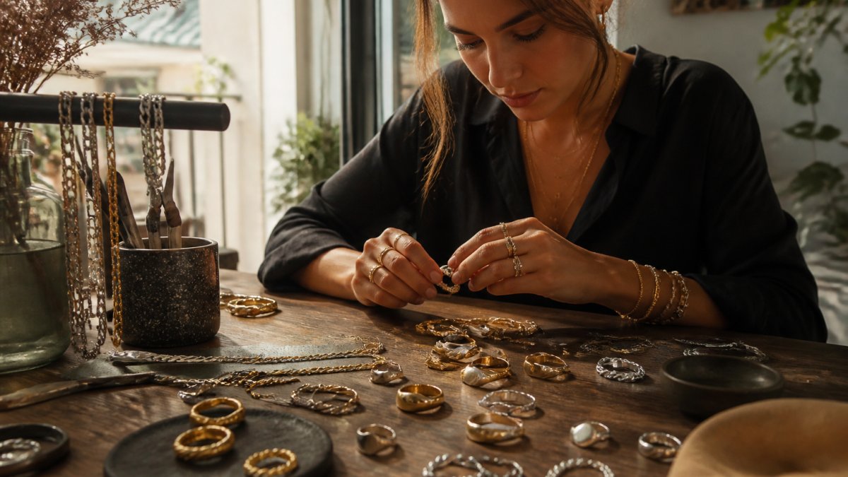 Gros plan de différentes bagues et colliers en acier inoxydable, argent et métal plaqué disposés sur une surface élégante, montrant les variations de finition et d'éclat