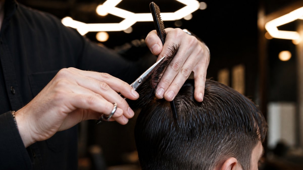 Mains d'un barbier coiffeur travaillant la précision d'une coupe aux ciseaux sur cheveux humides