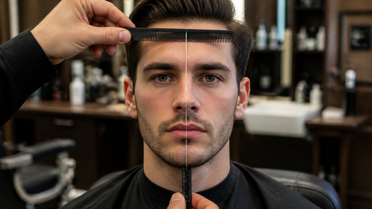 Close-up of a man's face from the front showing the main facial lines (forehead, cheekbones, jawline) with subtle visual reference marks for measuring width and length proportions